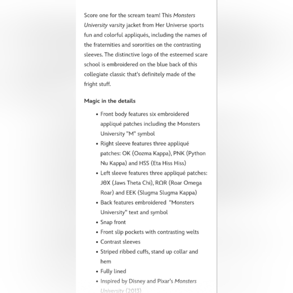 Disney Parks Pixar Monsters University Varsity Jacket By Her Universe College M - Picture 9 of 17